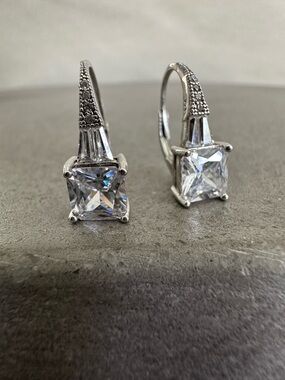 Sterling Silver & CZ Princess Cut, Emerald Cut & Round Accent Stones Lever-back